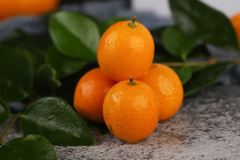 一颗成熟的金桔放在白色背景上,果实呈明亮的金黄色,表面光滑有光泽,周围散落着几片绿叶,展示其自然新鲜的状态 金桔特写