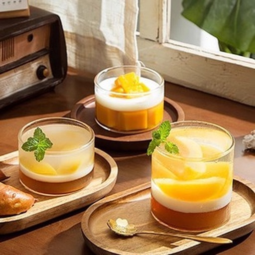 晶莹剔透的方形茶冻摆放在白色瓷盘中,呈现出淡淡的琥珀金色,表面点缀一朵完整的金丝皇菊和几粒黑色决明子,旁边配有银色小勺,背景为夏季清新风格餐桌,有薄荷叶装饰 菊花决明子茶冻成品展示图