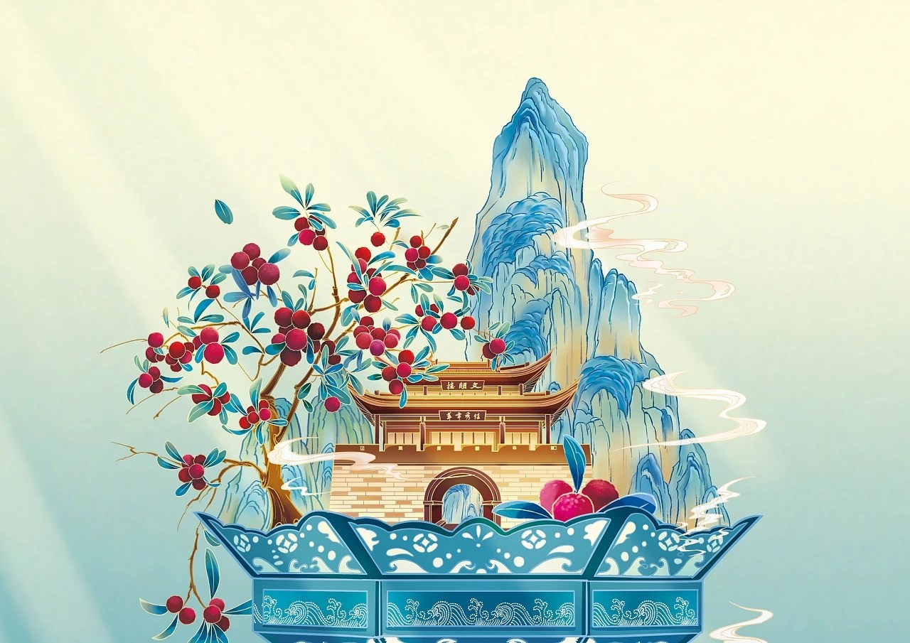 复古手绘风格插画：横向卷轴式构图，左起为汉代漆案供奉樱桃礼器、唐代曲江池畔进士簪花啖樱、宋代《果子谱》古籍摊开页绘樱桃图谱、现代少女手持手机拍摄枝头樱桃并弹出爱心emoji气泡