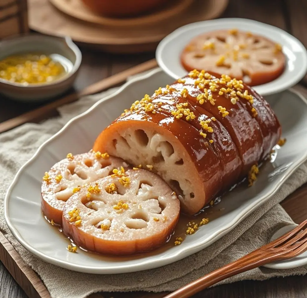 一盘切好的糖莲藕整齐摆放在白色瓷盘中,每片都呈现出粉红色的糖衣光泽,中间是糯米形成的圆形花纹,边缘点缀着金黄色的干桂花 糖莲藕成品切片