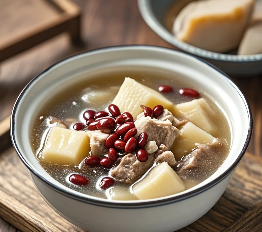 家庭餐桌实拍：青花瓷大碗盛满土豆山药排骨汤，汤色清亮泛微乳光，表面浮枸杞与翠绿葱花，旁配一小碟山药土豆泥与蒸排骨块