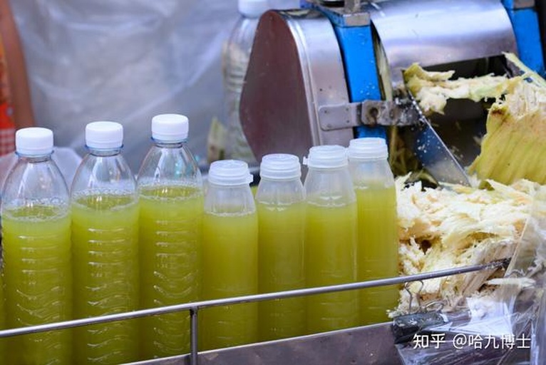 一位女性在明亮整洁的现代厨房中操作台面放置一台白色家用电动榨汁机,她正在将切好的甘蔗段放入进料口,下方玻璃杯中已盛有半杯乳白色微黄的甘蔗汁,周围摆放着去皮的甘蔗条和砧板,光线柔和,突出温馨健康的生活方式 家庭厨房中使用榨汁机制作甘蔗汁的过程