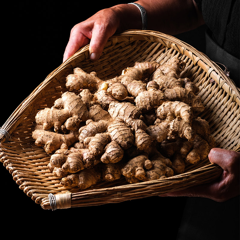 一位年长女性在传统厨房中使用黑色陶罐慢火炖煮姜母鸭,灶台边摆放着新鲜的老姜块和麻油瓶,蒸汽袅袅升起,环境充满乡土温情 姜母与陶罐慢炖场景