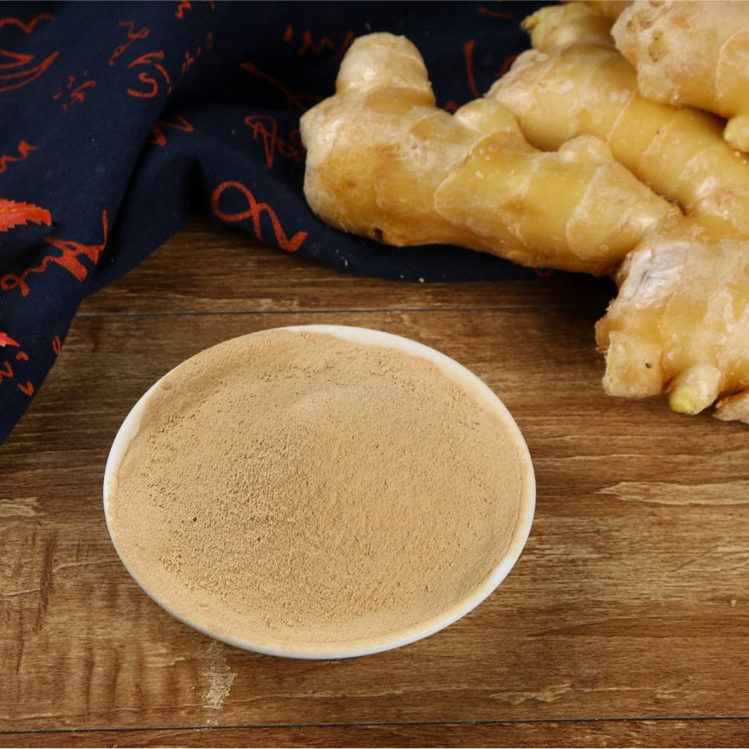 新鲜老姜块与浅棕色老姜研粉并列摆放,左侧为表皮粗糙的老姜根茎,右侧为细腻粉末状姜粉,背景为木质砧板和研磨器具 老姜与研磨后的姜粉对比图