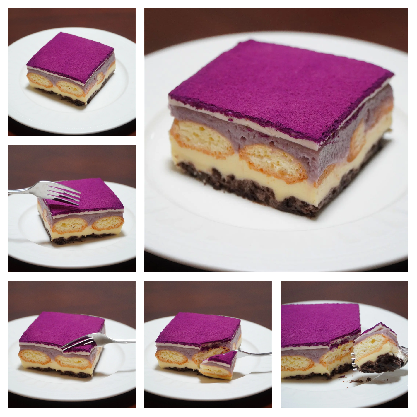 紫薯芋泥提拉米苏组装完成待冷藏,展示清晰分层结构与工具摆放 六寸圆形模具内已完成紫薯芋泥提拉米苏的分层组装,顶部平整,旁边摆放刮刀和剩余奶油