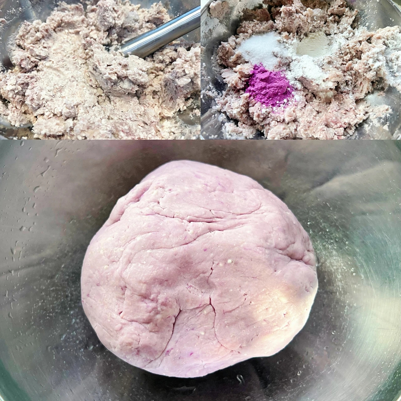 纪实风格组图:传统手工芋泥三步骤全流程,展现从整芋到成品的物理转化,无任何添加剂介入,凸显芋头本味可塑性与匠作温度 手作芋泥制作过程分步图:左上为蒸熟芋头剥皮特写,中为石臼捣压出细腻紫泥,右下为刮刀抹平成镜面状芋泥坯,背景虚化中式厨房灶台