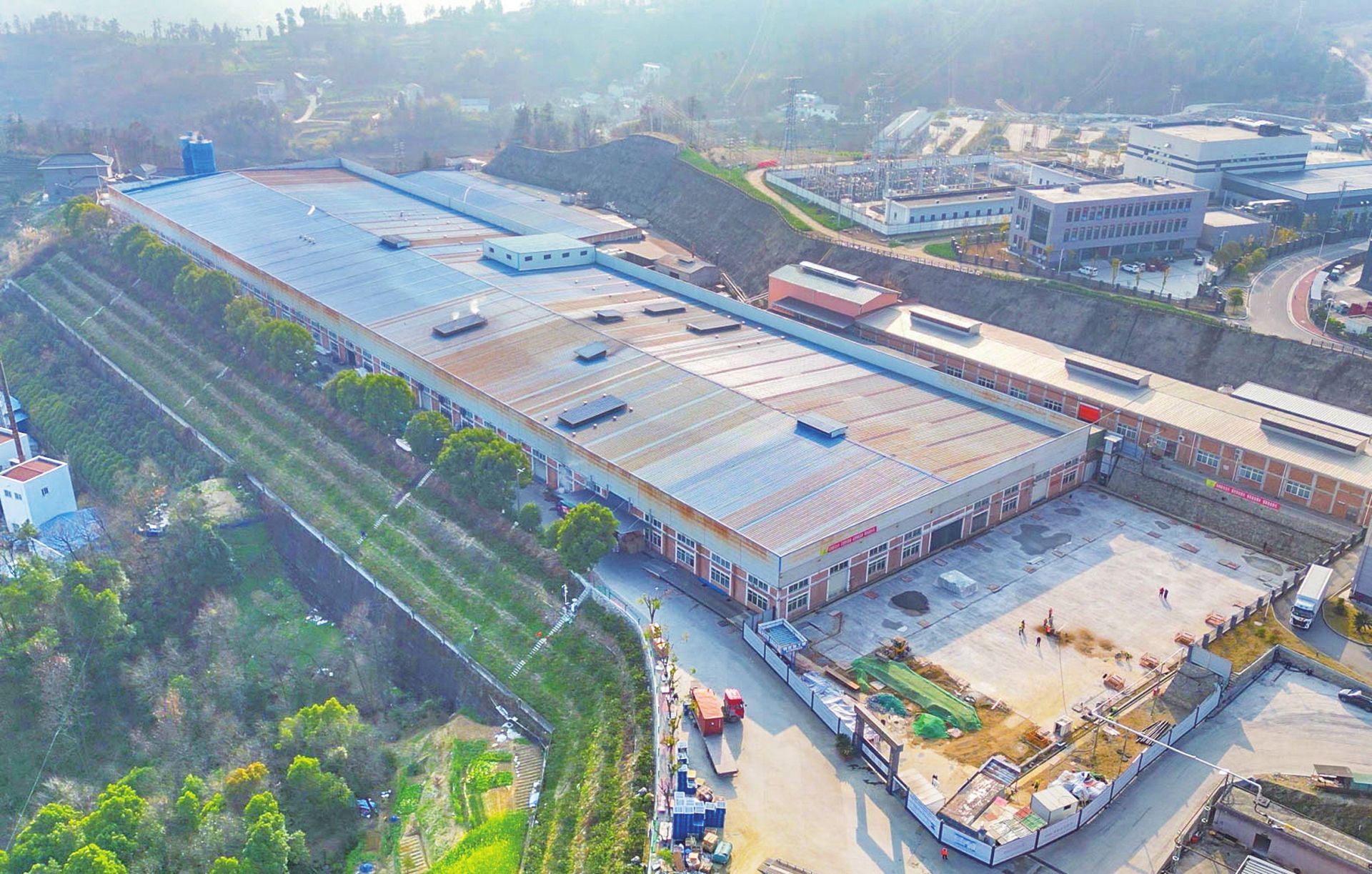 实景航拍视角:展示威基伍德在真实商业空间中的尺度感、垂挂效果与色彩氛围营造能力,突出其作为‘活体软装’的功能属性 威基伍德藤本月季在精品民宿廊架实景应用:浅灰色钢结构廊架上,枝条自然垂坠,盛花期形成流动粉紫色帷幕,地面铺装为浅米色透水砖,搭配陶罐与木质休闲椅