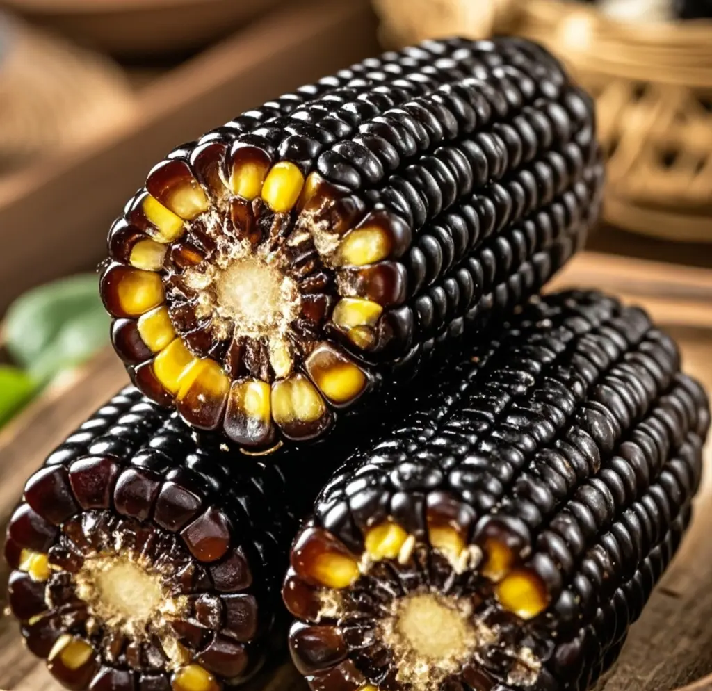 一根煮熟的黑玉米被横向切开,露出内部结构:外层籽粒呈深紫色,内层胚乳为淡黄色至乳白色,玉米芯位于中心,颜色为浅米白,断面湿润有光泽,背景为白色瓷盘,突出食物细节 煮熟后的黑玉米横截面特写