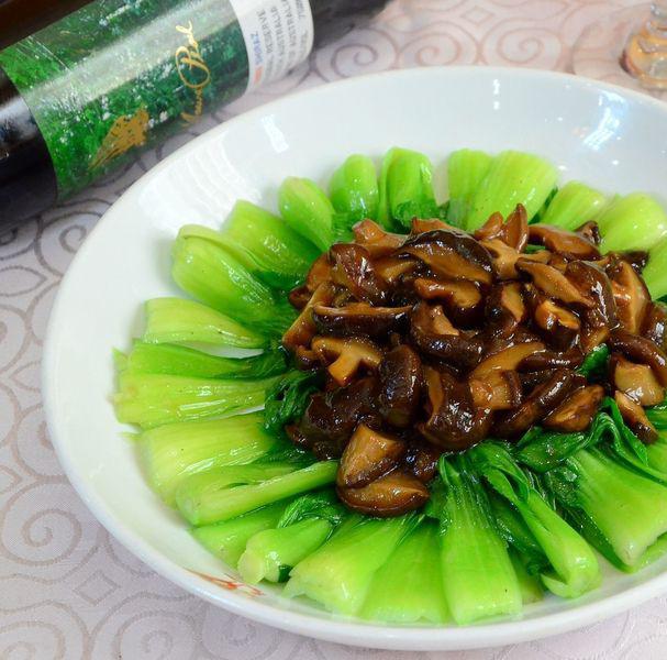 成品菜肴特写，平菇与菜花均匀混合，色泽油亮，盛放在白色瓷盘中，旁边配有米饭