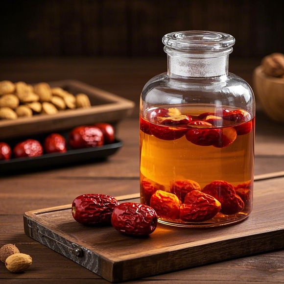 一位年轻女性坐在阳光洒落的餐桌前,正在将几颗皮皮枣放入玻璃杯中准备泡水,旁边摆放着蜂蜜罐和柠檬片,整体画面温馨自然,传达健康生活方式的理念 皮皮枣食用场景图