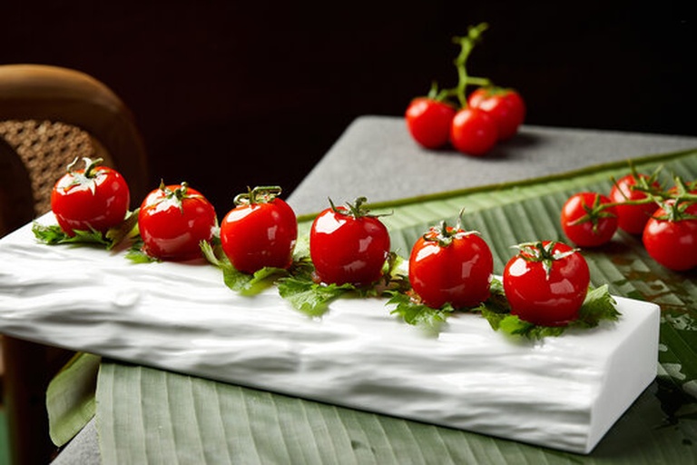 俯拍视角：木质餐盘中摆放着五种不同形态的西红柿美食——左侧是切片彩虹番茄沙拉（黄、橙、红、紫、绿品种拼配），中间为番茄肉酱意面撒欧芹碎，右侧是烤番茄配马苏里拉奶酪与罗勒叶，盘边点缀新鲜番茄苗与柠檬角