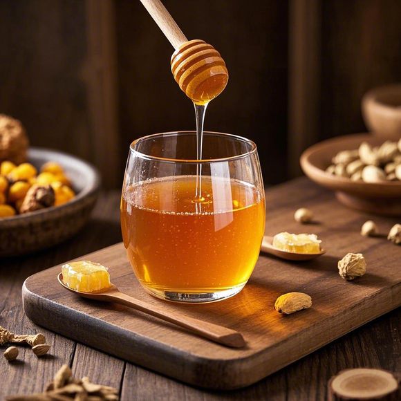 一家三口在厨房中用温水冲调椴树蜂蜜,母亲将蜂蜜倒入透明玻璃杯,孩子好奇地看着,桌上摆放着原装蜂蜜罐和蜂巢模型,氛围温馨健康 家庭日常饮用蜂蜜水的情景图