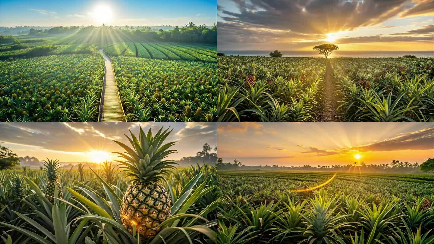 中景人文纪实:海南文昌菠萝种植基地清晨采收场景,中年男性果农专注采摘,动作娴熟轻巧;阳光斜射勾勒出菠萝叶脉轮廓与果实立体感;近景果实带新鲜露水,茎部切口平整湿润,体现当日现摘;背景菠萝田呈规则条带状,展现规模化生态种植风貌 农民在田间弯腰采摘菠萝,身穿浅蓝工装,手持镰刀轻割果柄,身旁堆着十余颗待运菠萝,远处可见连片葱郁菠萝田与蓝天白云
