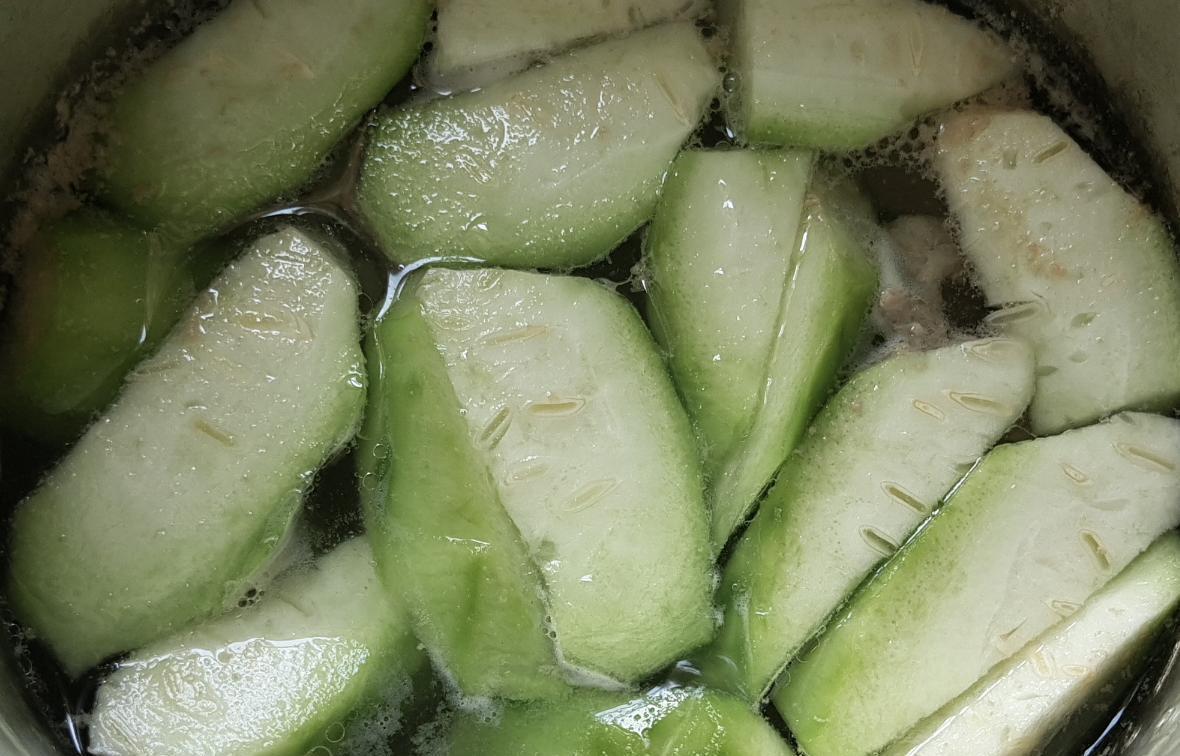 一口砂锅正在炉灶上炖煮,锅内冬瓜块已呈半透明状,漂浮在清澈微白的汤汁中,表面有细小气泡缓缓上升,锅边点缀着几片姜和绿色葱段,热气袅袅 炖冬瓜锅中状态