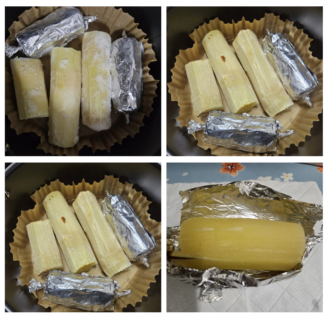 一口陶瓷砂锅置于炉灶上,正在熬煮切段的甘蔗蒲圻,锅中液体呈淡琥珀色,蒸汽袅袅升起,旁边摆放着新鲜甘蔗节段和已煮过的残渣对比样本,体现传统家庭烹饪场景 甘蔗蒲圻煮水过程