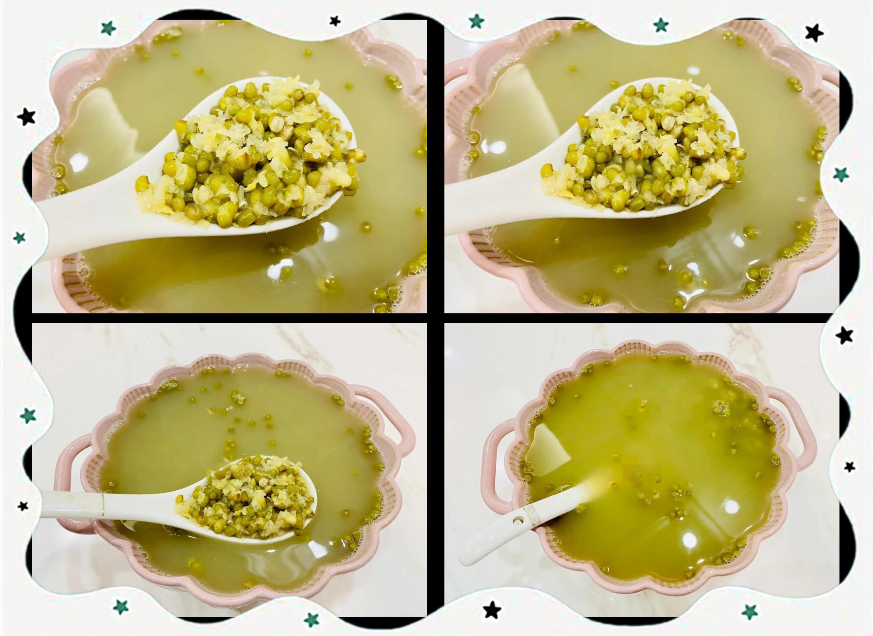 两张并列的照片,左边是一碗乳白色的热豆浆,盛放在瓷碗中,旁边放着一根吸管;右边是一碗碧绿清澈的冰镇绿豆汤,碗边有水珠,背景为夏日庭院风格,体现清凉感 传统绿豆汤与豆浆对比图