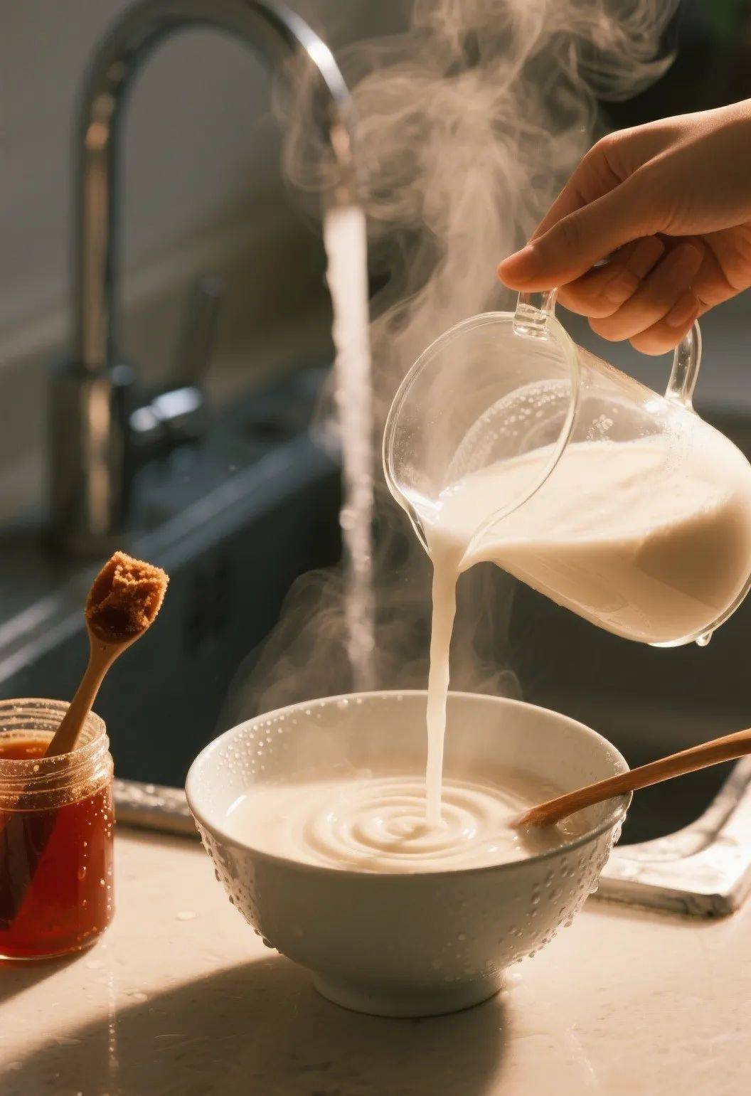一杯温热豆浆加入蜂蜜的过程示意图