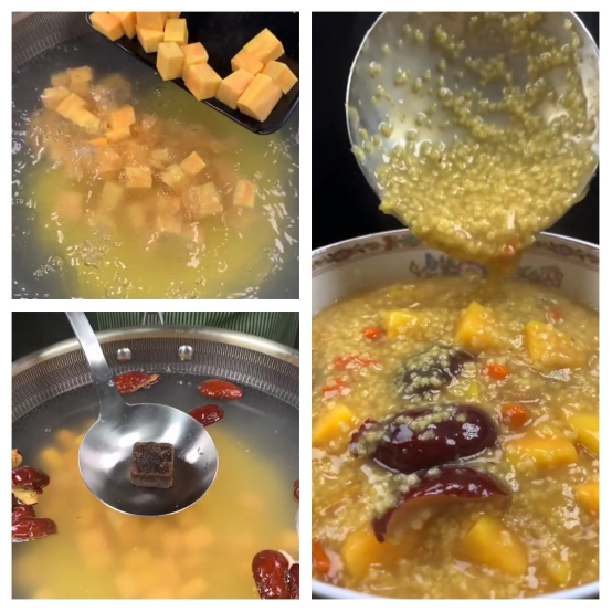 哈密瓜小米粥烹饪过程特写：砂锅中金黄小米粥已泛起米油，哈密瓜丁整齐浮于粥面，厨师正用硅胶勺沿锅底轻推融化冰糖，灶火为微蓝色小火苗
