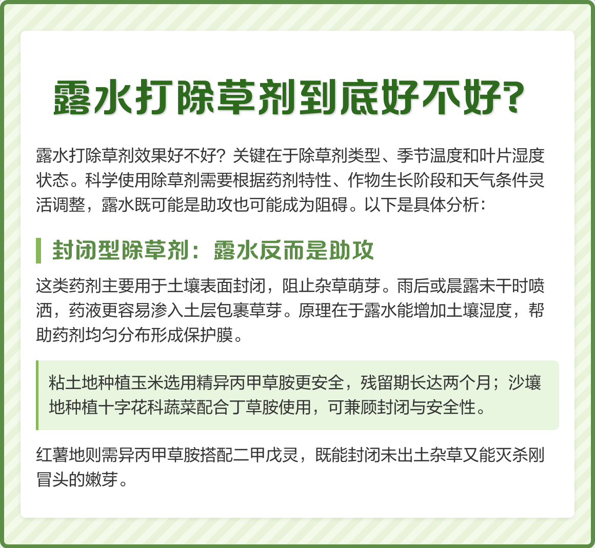 图示封闭性除草剂在土壤中的分布与作用机制:浅蓝色药膜层均匀覆盖于整平湿润的土壤表面,上方为正在萌发的马唐、稗草种子,其胚芽向上伸长触及药膜后扭曲坏死;下方为已播种的水稻/玉米种子,位于药膜层之下安全区域,正常萌发出苗。背景可见喷雾器均匀施药场景。 封闭性除草剂作用原理示意图:土壤剖面显示药膜层(浅蓝色带)位于0–2cm耕作层,箭头标注杂草种子萌发时胚芽触药受抑,作物种子位于药膜下安全区