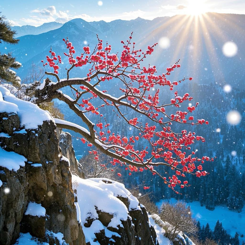 红梅盛开于雪中枝头