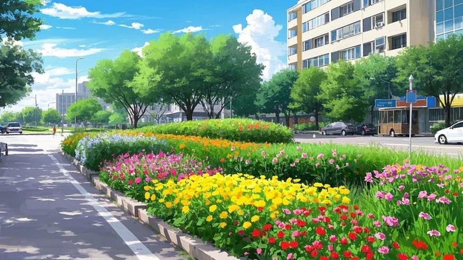 七彩雏菊在城市公园花坛中的应用实景