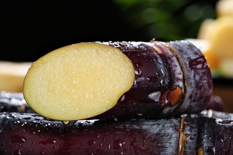 一根新鲜黑皮甘蔗被横向切成数段,露出洁白湿润的内部纤维结构,断面晶莹多汁,旁边有一杯 freshly pressed 甘蔗汁,玻璃杯外凝结水珠,背景为市集摊位 新鲜甘蔗切片特写