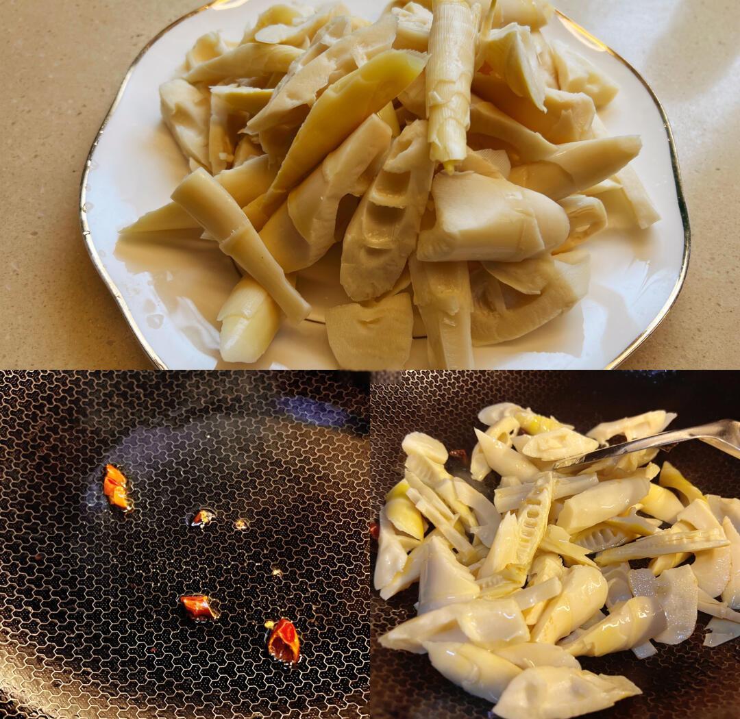 一位厨师在明亮的厨房中翻炒锅中的金竹笋片,配以青椒和蒜末,锅气升腾,菜肴色泽明亮,展现金竹笋作为食材的烹饪应用场景 厨房中正在烹饪金竹笋菜肴的过程图