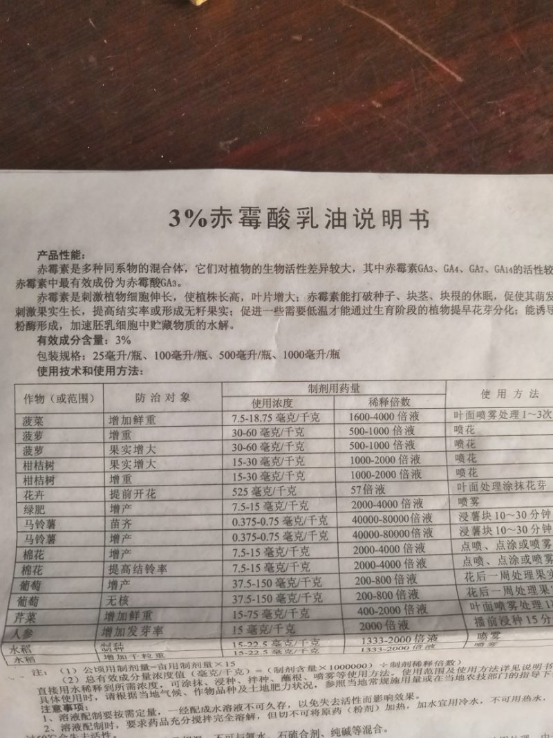 三六3%赤霉酸植物生长调节剂乳油25毫升