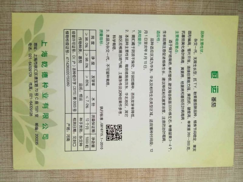 恒运西红柿种子1000粒/袋抗TY亮粉色大果型产量高