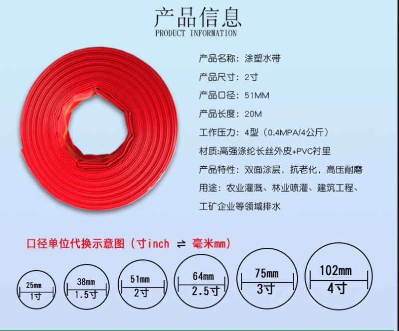 水带1寸2寸3寸4寸厂家热销1寸至4寸涂塑消防水带农业灌