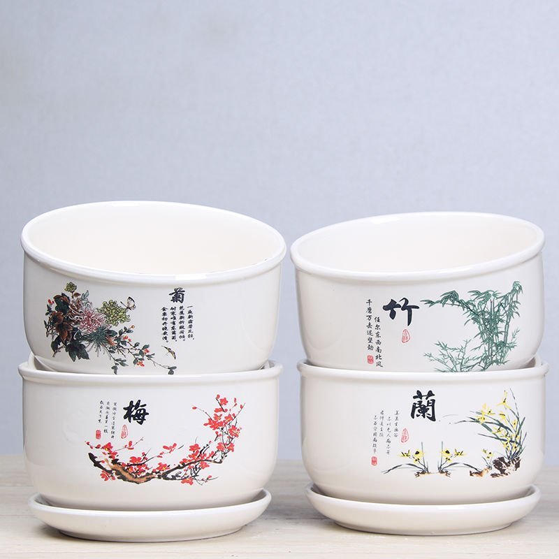 花盆陶瓷大号特大号四个一组特价清仓带托盘家用绿萝多肉花盆