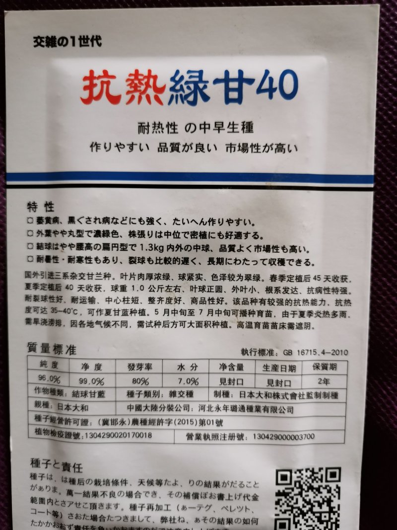 抗热绿甘40绿甘蓝种子10克装抗病高产农田菜园基