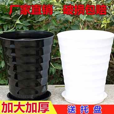 超大螺纹花盆加厚白色黑色仿瓷树脂花盆送托盘盆景植物大型塑