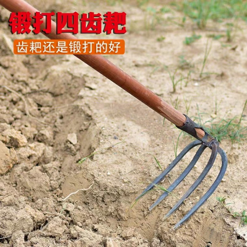 多功农用工具四齿钉耙扒草铁耙子农具家用平地翻土松土神