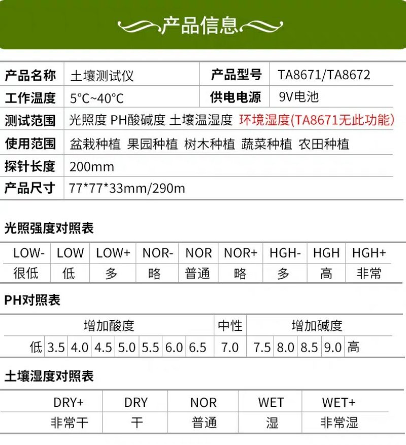 五合一包邮土壤检测仪酸度湿度计家用盆栽测花用PH值测试笔
