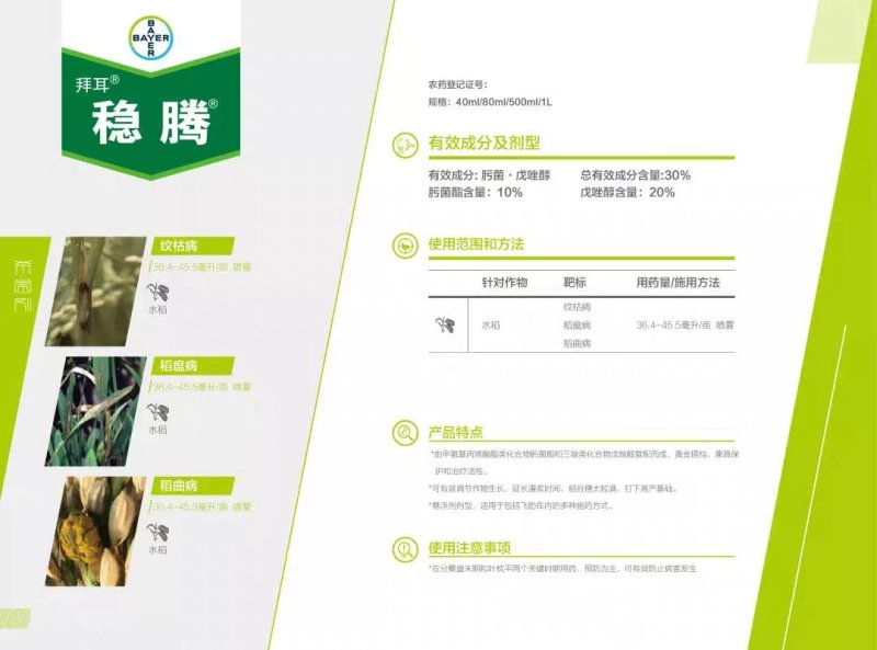 拜耳稳腾30%肟菌脂戊唑醇西红草莓白粉病纹枯病杀菌剂