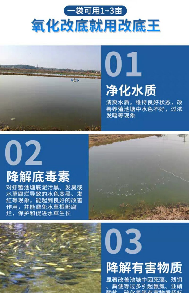 水产养殖鱼虾池塘解毒改底净水王过硫酸氢钾底改片增氧设备