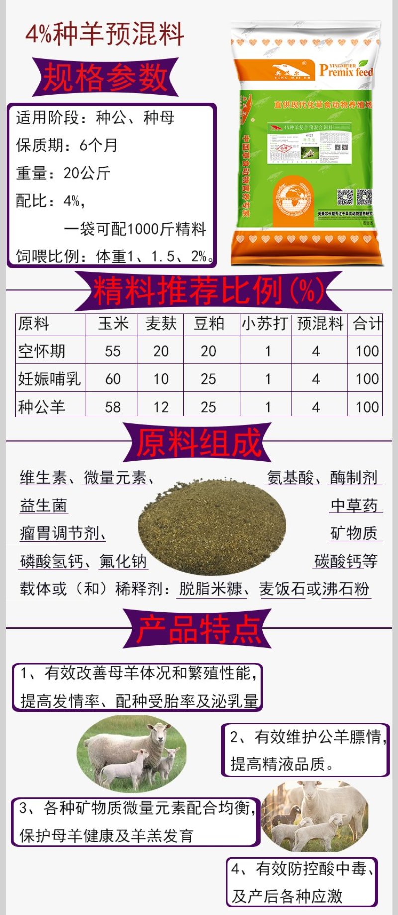 成都英美尔繁殖育种种公母羊专用复合预混合饲料提高发情妊娠