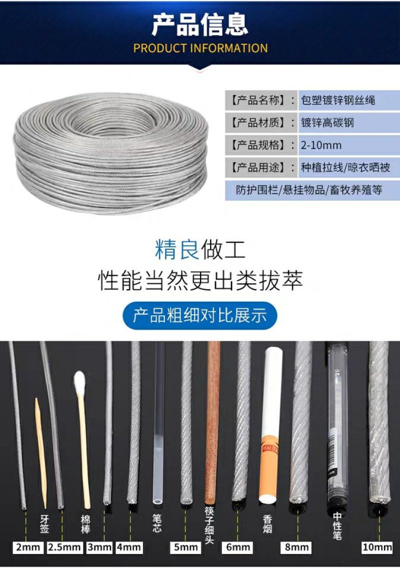 白色透明钢丝绳镀锌钢丝绳包塑细软大棚百香果猕猴桃葡萄架晾