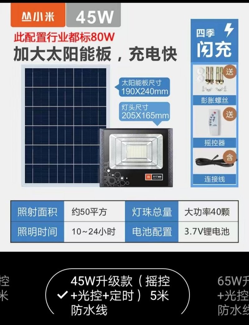 丛小米太阳能灯LED投光灯户外室内新农村路灯家用庭院防水