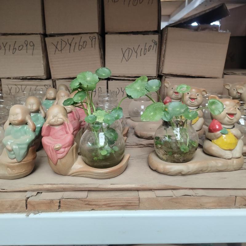 水培花瓶玻璃透明创意家居装饰品小和尚摆件绿萝插花花盆陶瓷
