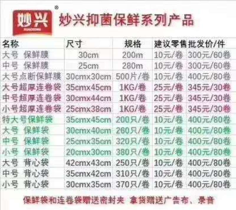 妙兴保鲜膜保鲜袋背心袋80个一件