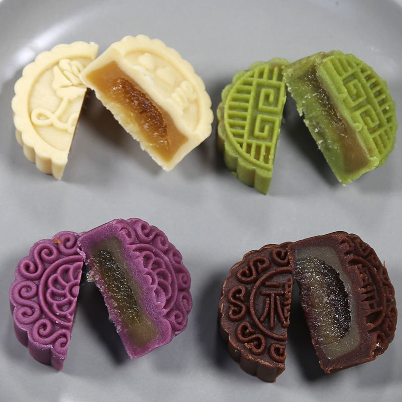 中秋节流心月饼桃山皮冰皮月饼牛奶巧克力抹茶紫薯台式网红点
