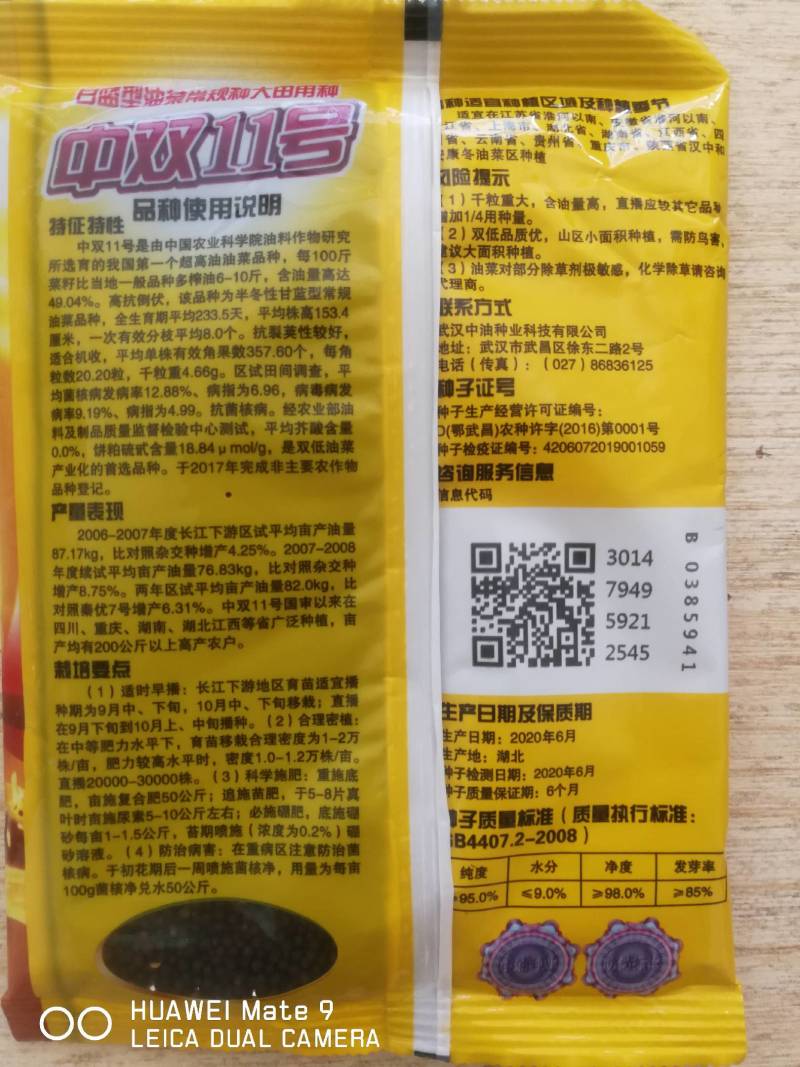 中双11号油菜籽，高油菜品种，抗倒抗病抗寒49%油量。