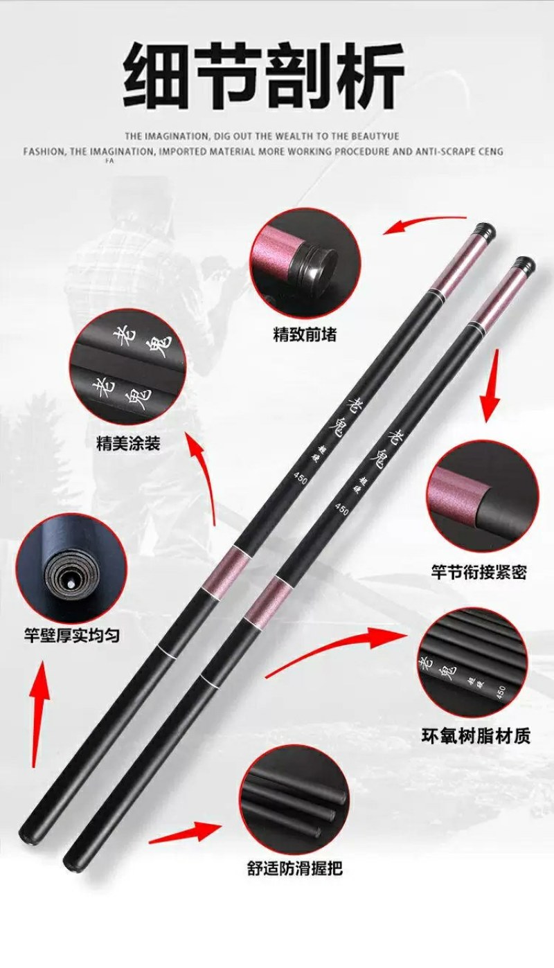 老鬼竿短节溪流竿玻璃钢超轻超硬鲫鱼竿3.6.4.5.5
