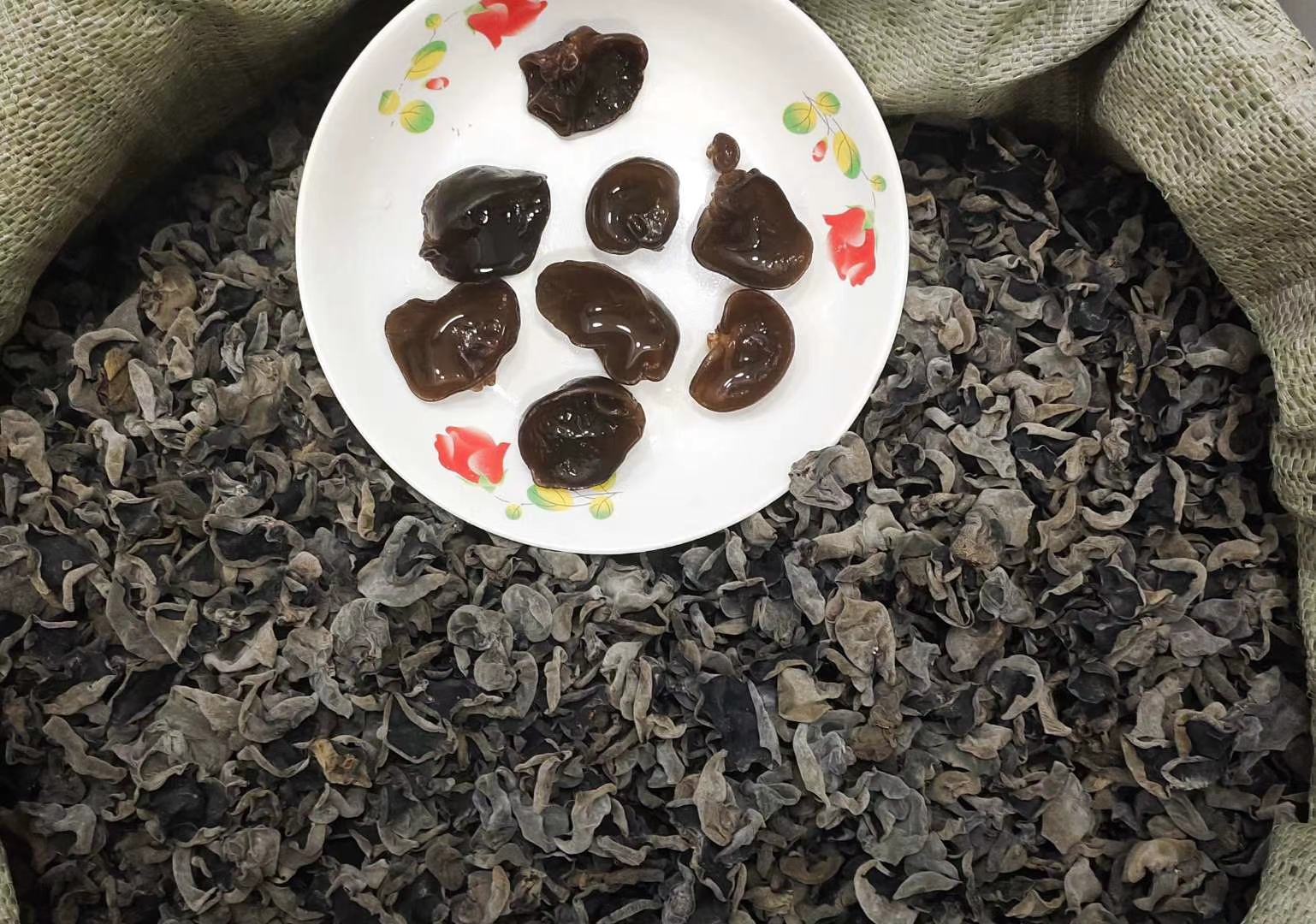 秋木耳干品与泡发后特写对比图