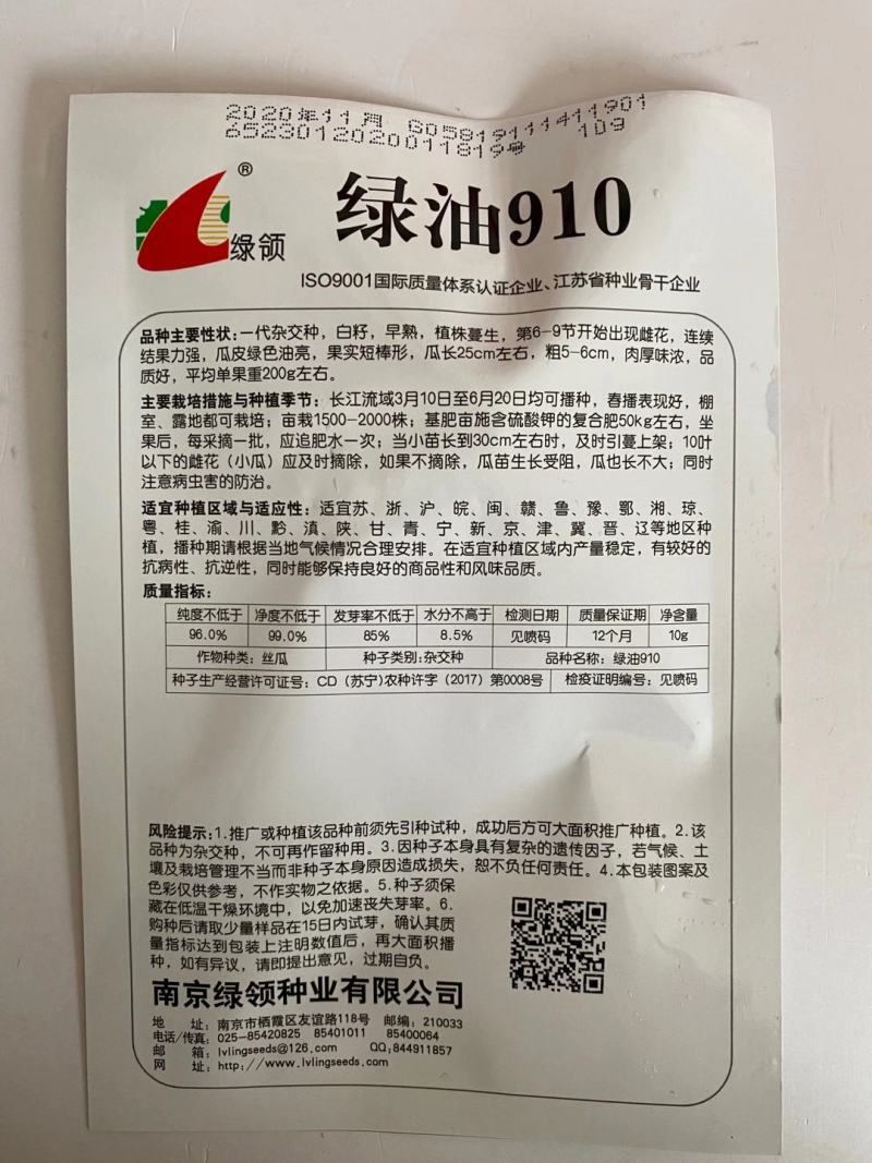 丝瓜种子绿领早熟白籽一代杂交品种种子
