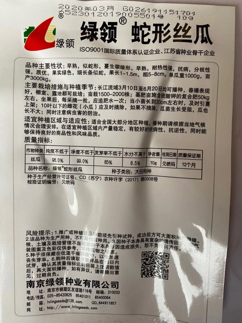 丝瓜种子绿领早熟白籽一代杂交品种种子