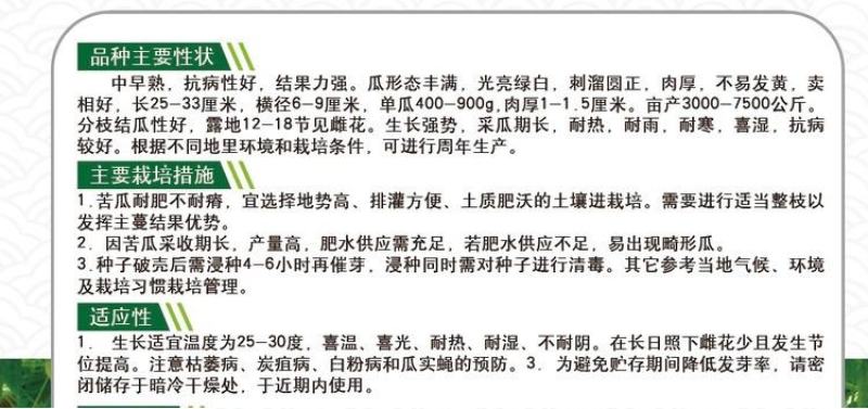 绿白苦瓜种子中早熟珍珠瘤菜农直供高品质苦
