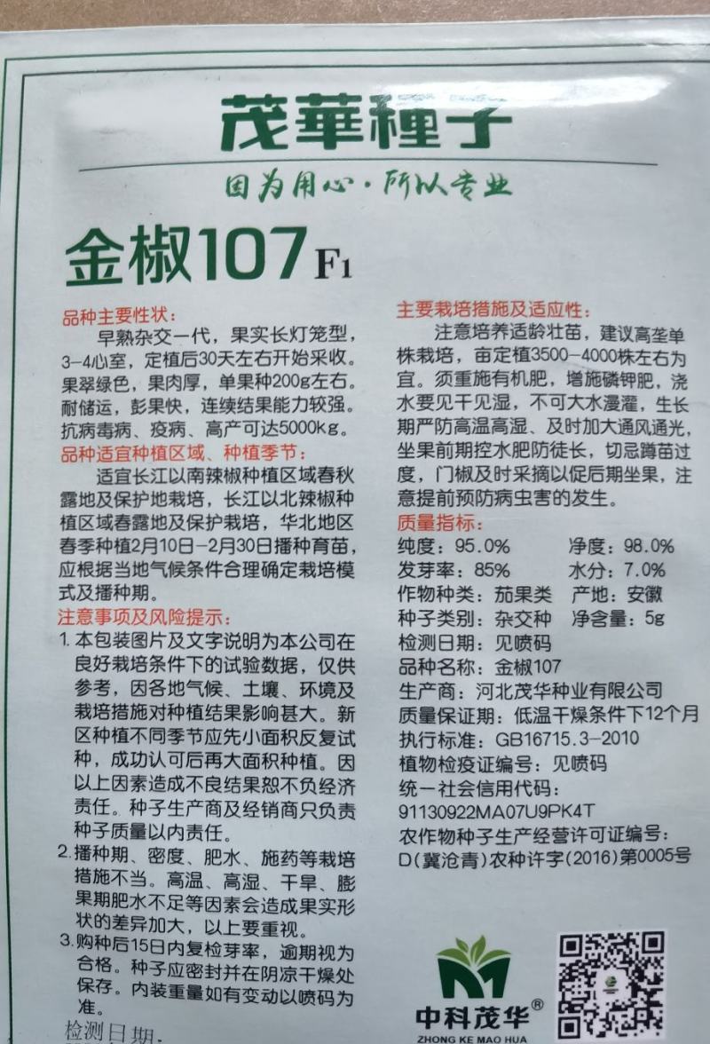 金椒107甜椒种子，易坐果，肉厚腔小，耐贮运，整齐一致